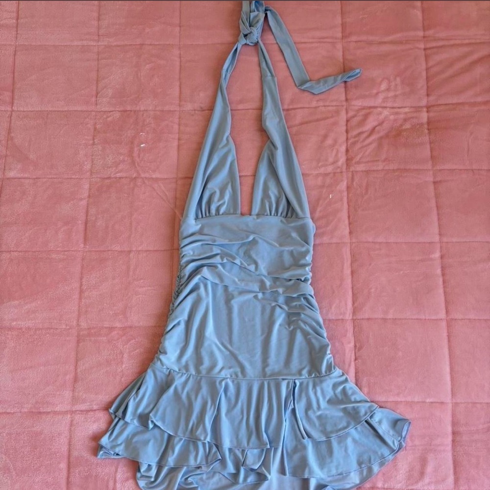 Halter Neck Mini Dress in Light Blue with Ruffle Hem